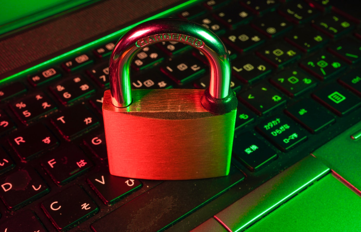 Padlock resting on a laptop keyboard symbolizing cybersecurity